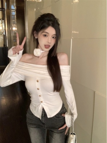 Actual shot of one-shoulder lace-up floral slim-fitting bottoming shirt for autumn, new slimming slit knitted t-shirt