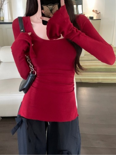 Real shot of Korean foreign trade 40 count pure cotton 92 cotton/8 spandex 2024 autumn long-sleeved T-shirt for women solid color