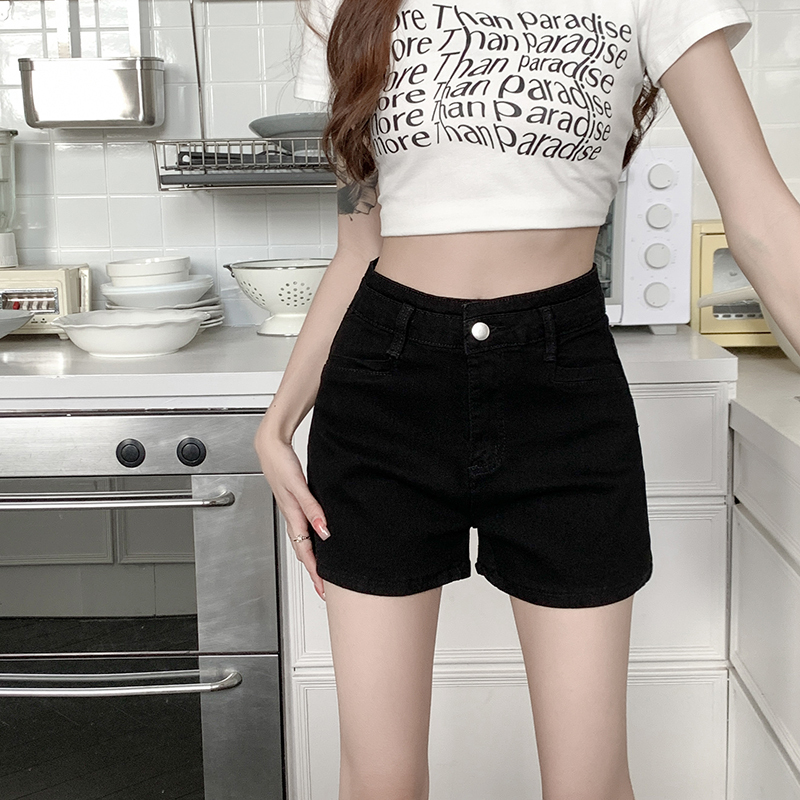 Summer new hot girl niche high-waist slim slimming A-line black hot pants denim shorts for women