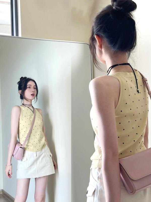 Pure lust style sweet polka dot yellow sleeveless vest for women summer