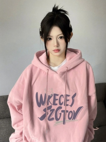 Pink sweatshirt for women 2024 trendy brand American retro hooded thin lazy style jacket oversize top