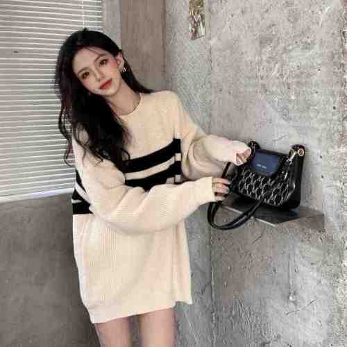 Striped contrasting color loose pullover sweater autumn and winter new women's Korean style fashion mid-length sweater top