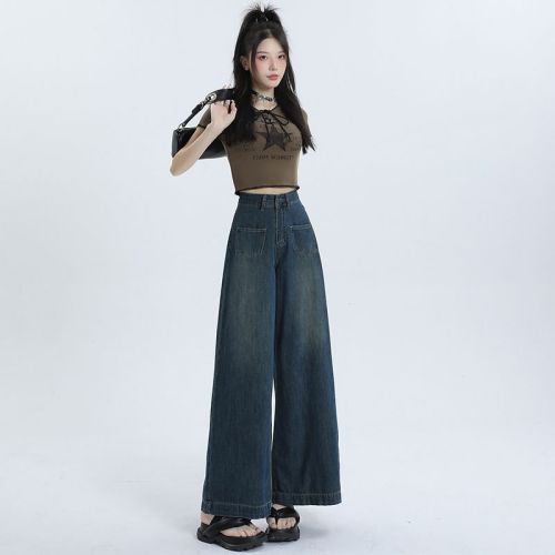 2024 Spring and Autumn Wide Leg Jeans for Women High Waisted American High Street Retro Design Loose Straight Legs for Small People