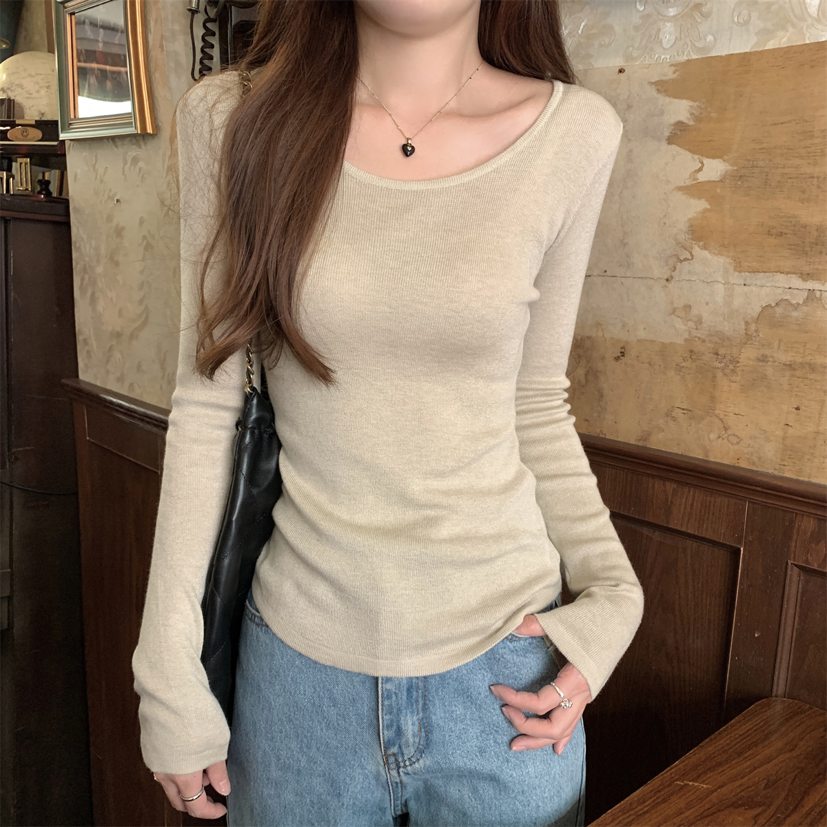 Actual shoot early autumn Korean style temperament round neck 6 wool pure color versatile lazy knit sweater long sleeve top