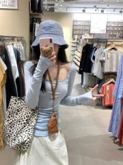 Blue Square Neck Long Sleeve T-Shirt Women's Thin Outer Sun Protection Blouse Hot Girl Slim Fit Top