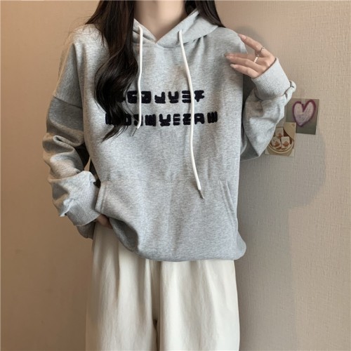 Real shot of Chinese cotton composite milk silk back collar hooded loose sweatshirt for women