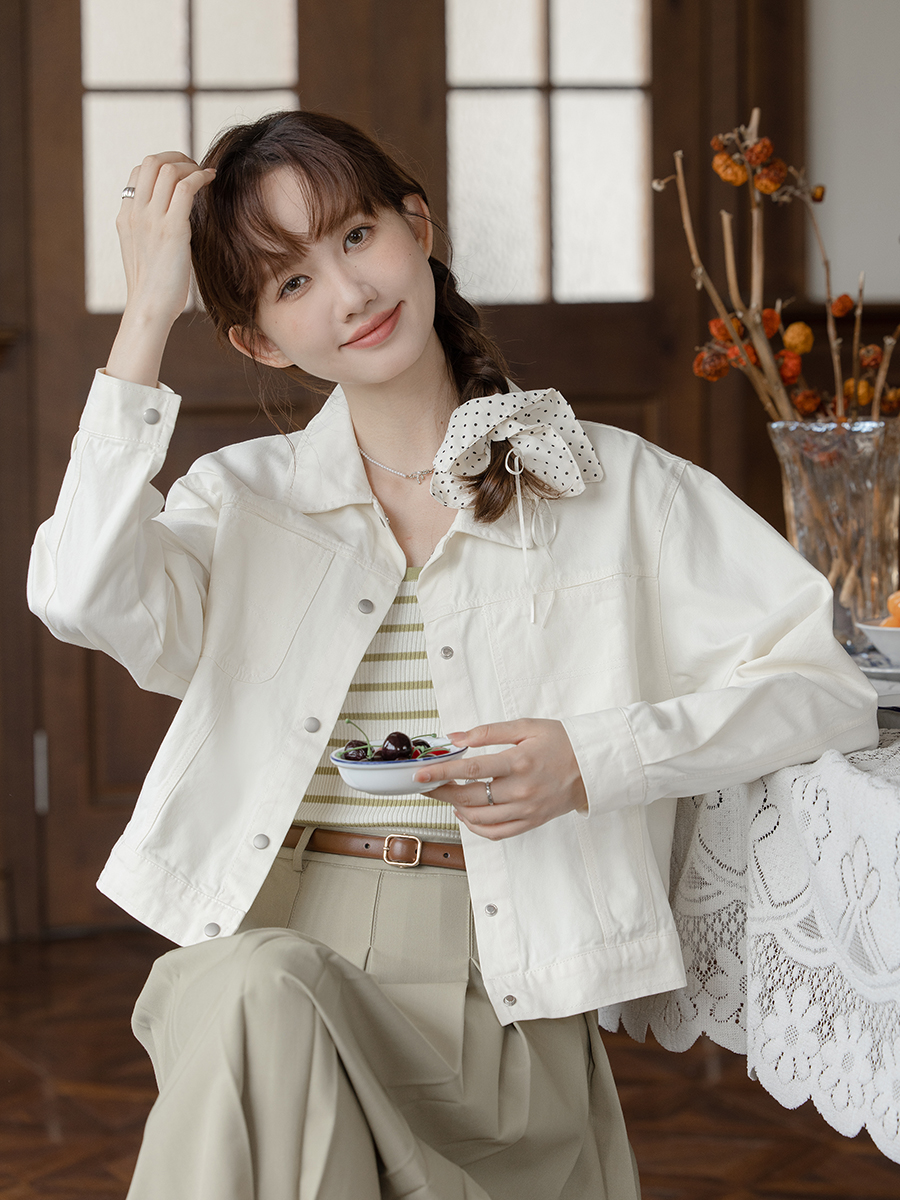 Photographed 2024 Autumn New Basic Versatile Slimming Workwear Denim Shirt Jacket Women's White Top Cardigan