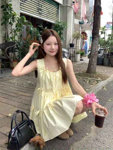 Vitality girl Korean chic simple three-dimensional bow simple dress