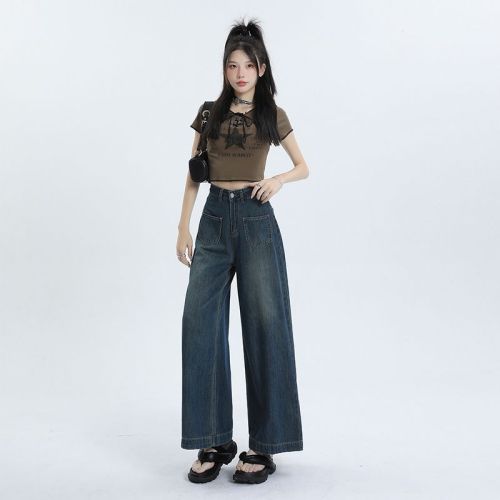 2024 Spring and Autumn Wide Leg Jeans for Women High Waisted American High Street Retro Design Loose Straight Legs for Small People