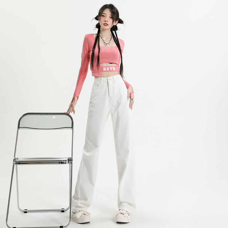 White high waist wide leg jeans early spring straight leg loose slimming floor mopping pants for small people