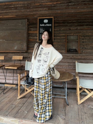 Actual shot ~ Hand-painted heiokitty loose sunscreen long-sleeved T-shirt plaid casual wide-leg pants suit