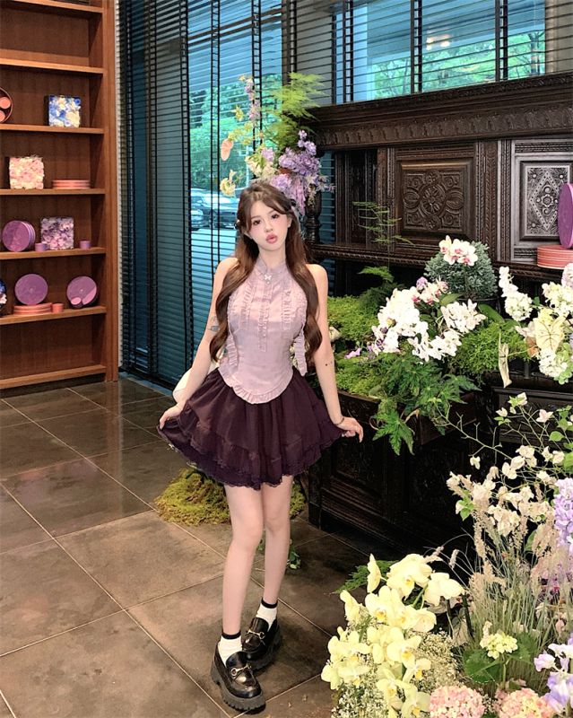 Pure lustful design, halter neck, slim sleeveless top + skirt pants, purple suit for women
