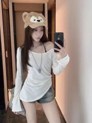 Early autumn new pure lust style halter neck vest + irregular slimming versatile long-sleeved sun protection top for women two-piece set