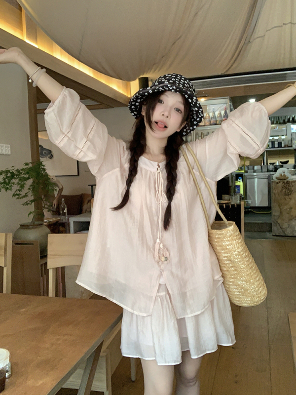 Korean holiday style sun protection suit for women, long-sleeved shirt + skirt, sweet two-piece set