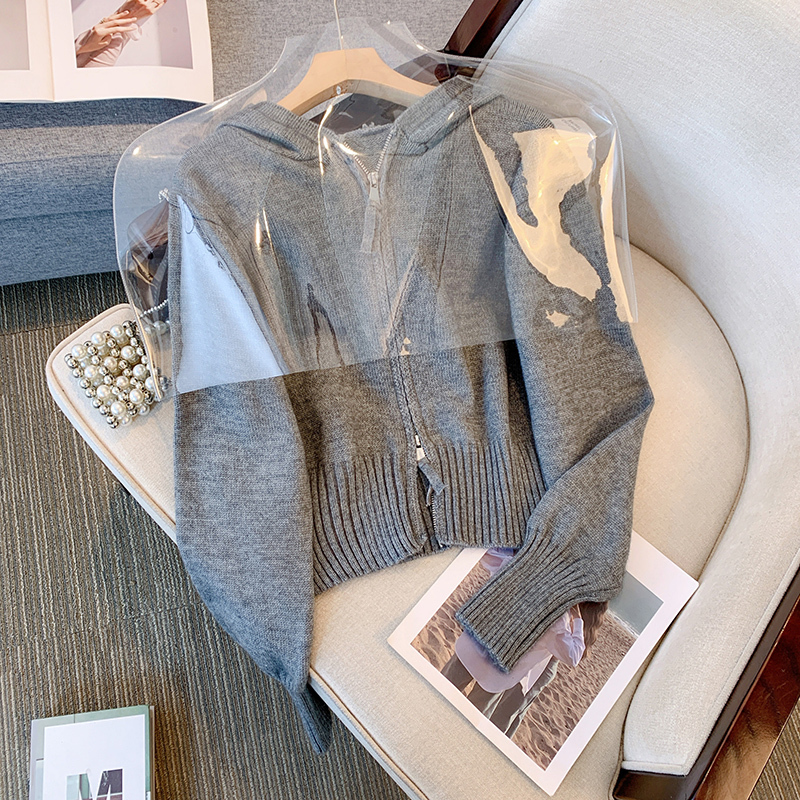 French knitted cardigan women's new thin loose solid color sweater double zipper hooded jacket trendy
