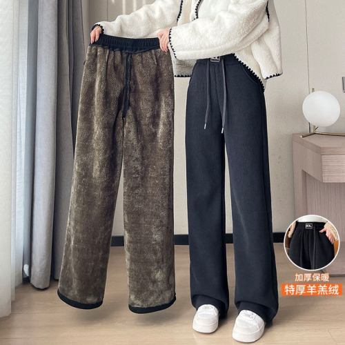 Fleece/No Fleece Polar Fleece Velour Wide Leg Women's Autumn Winter Plus Size Super Thick Snow Neer Straight Pants Women 