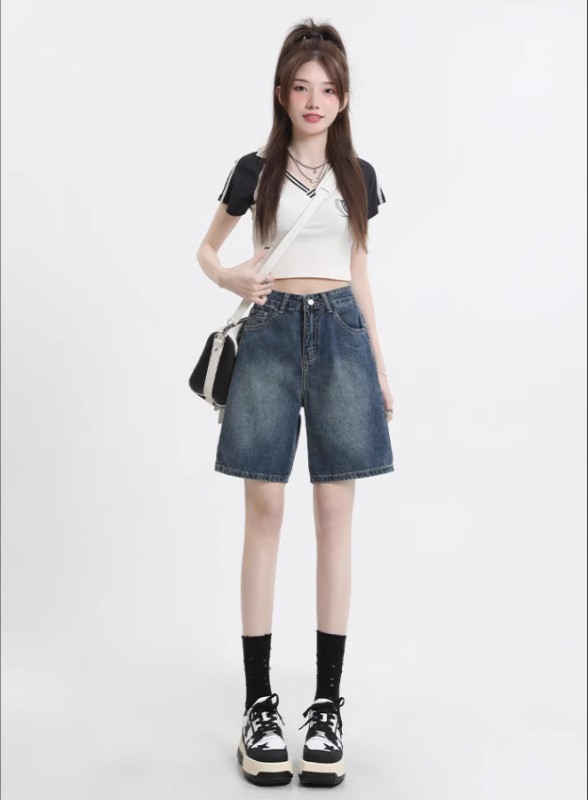 Retro denim shorts for women, high-waisted summer new style, 5-point, loose, straight, slim, 5-point pants for small people