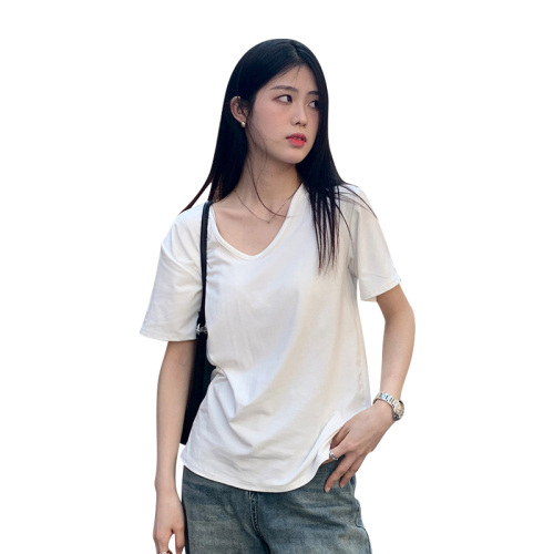 New white right shoulder short-sleeved T-shirt for women in summer, loose and lazy style bf chic casual versatile top trendy