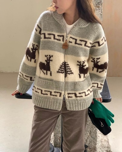 Korean version 2024 autumn and winter new Christmas atmosphere heavy jacquard knitted cardigan sweater jacket for women