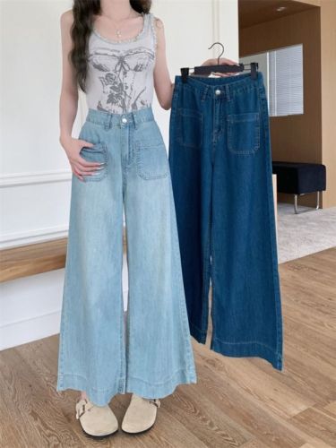 Plus size new American style big pocket thin jeans washed and distressed straight wide leg nine-point pants