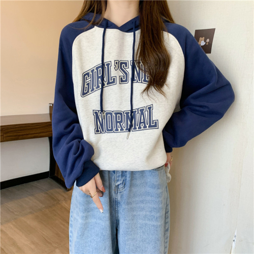 Real shot of Chinese cotton composite back collar with color insert hooded loose sweatshirt for women