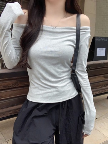 Real shot pure cotton T-shirt long-sleeved bottoming shirt one-shoulder autumn long-sleeved T-shirt women's short top