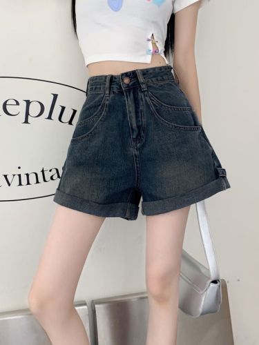 Curled straight denim shorts for women summer new high-waist slim hot pants hot girls wide-leg pants