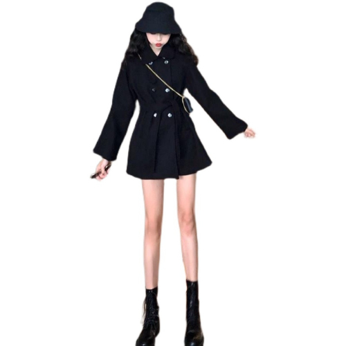 Korean style winter wear loose large size Hepburn style woolen coat for women thickened black mid-length woolen coat