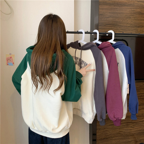 Real shot of Chinese cotton composite back collar with color insert hooded loose sweatshirt for women