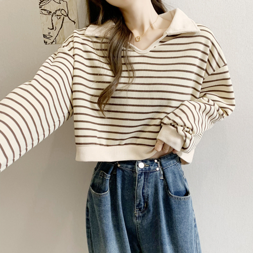 New autumn clothing, Korean version, loose and versatile, striped lapel, slim, high waist, long-sleeved sweatshirt, women's top, trendy outer wear