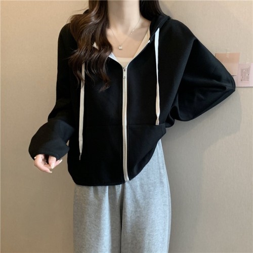 Real shot of Chinese cotton composite milk silk zipper hooded sweatshirt for women