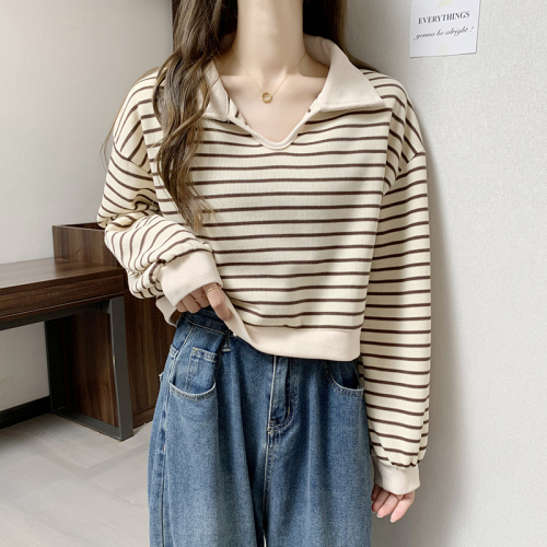 New autumn clothing, Korean version, loose and versatile, striped lapel, slim, high waist, long-sleeved sweatshirt, women's top, trendy outer wear