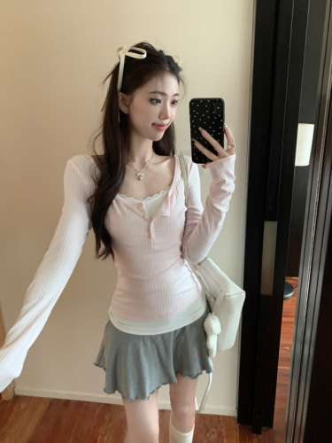 Half-cooked sweetheart fake two-piece elastic slimming long-sleeved top + light ballet lace skirt