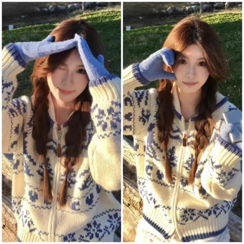 Fair Isle sweater women's spring Christmas tree embroidered zip knit turtleneck jacket unique design sense top