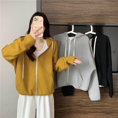 Real shot of Chinese cotton composite milk silk zipper hooded sweatshirt for women