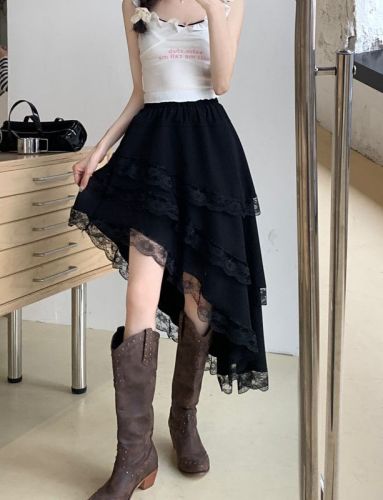 New high-waisted slimming spliced ​​lace skirt with irregular design and hot girl cake long skirt