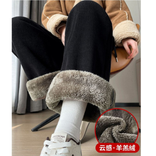 Fleece/No Fleece Polar Fleece Velour Wide Leg Women's Autumn Winter Plus Size Super Thick Snow Neer Straight Pants Women 