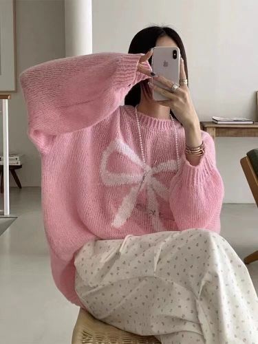 2024 new autumn Korean style sweet age-reducing thin bow versatile sweater