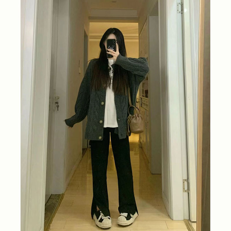 Retro lazy style long-sleeved gray twist soft waxy sweater versatile thick coat