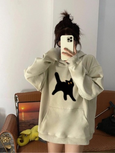 Korean version of super good-looking cartoon cat hooded sweatshirt for women in spring and autumn thin loose oversize temperament versatile top