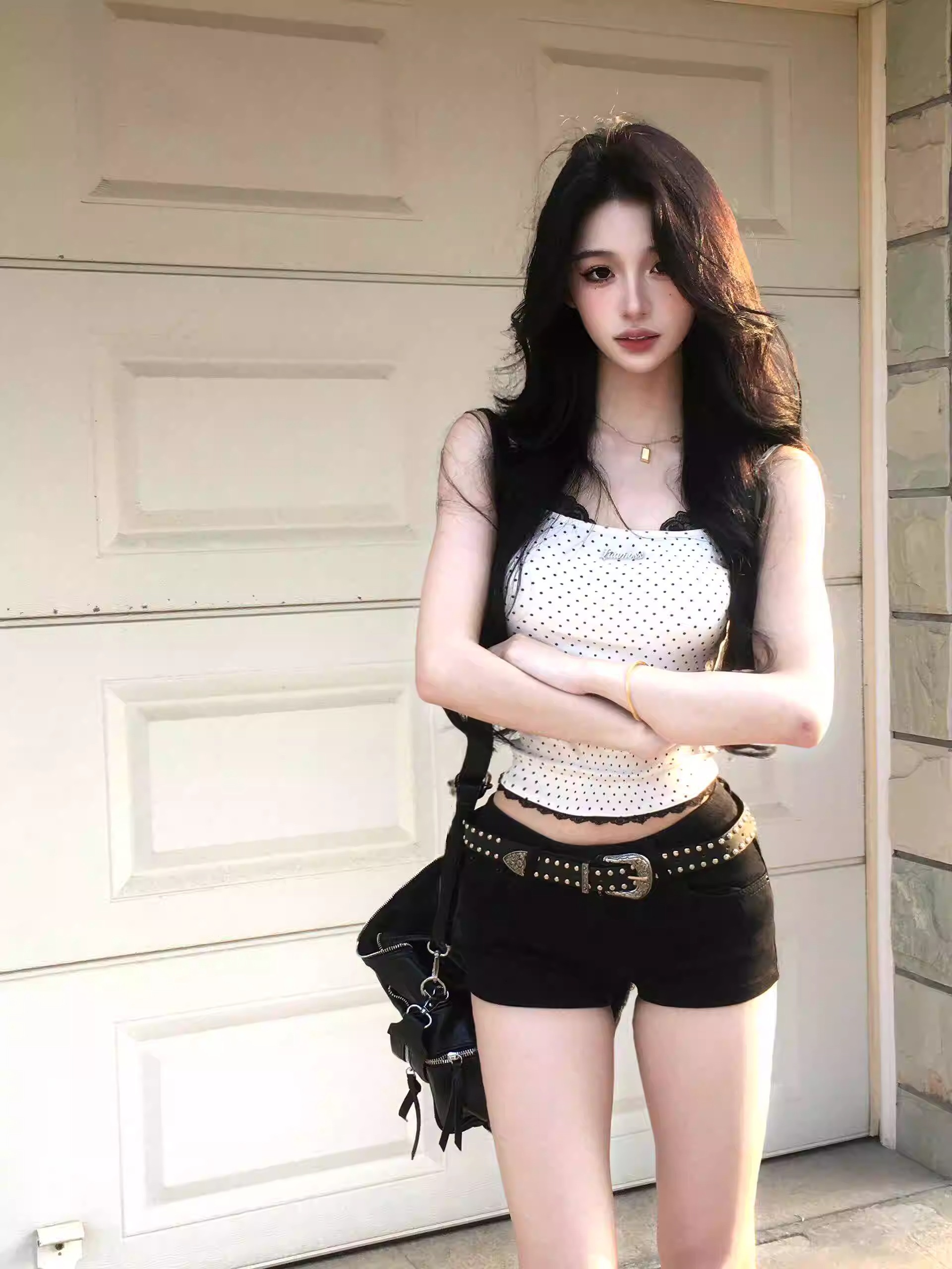 Sweet and spicy fake two-piece bow lace polka dot suspender women's summer short hot girl top