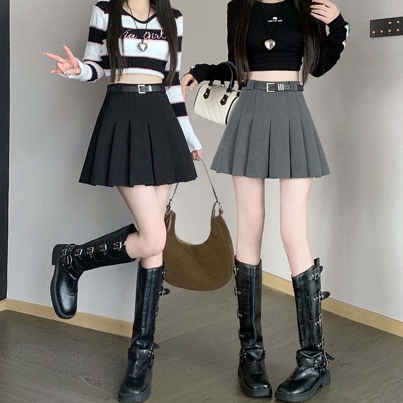 Gray suit pleated skirt women's short skirt new Korean version small high waist hip A-line skirt autumn
