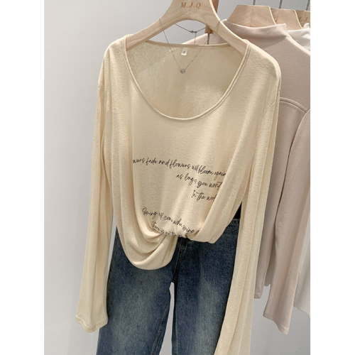 Original fabric Korean style lazy style white letter long-sleeved women's off-shoulder loose thin sun protection blouse top