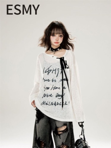 Letter printed sweet and spicy sunscreen gauze T-shirt for women spring and autumn loose casual long-sleeved blouse