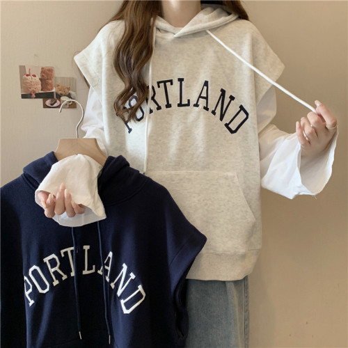 After the real shot, the package includes the hairy Chinese cotton composite milk silk 320g thin hooded letter embroidered vest sweatshirt for women