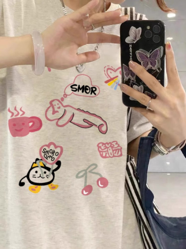 Combed tight silo lazy style casual cartoon pattern printed short-sleeved T-shirt