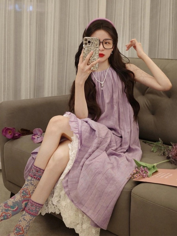 Simple, elegant and decent French style minimalist purple sleeveless dress long skirt for women summer 2024 new style