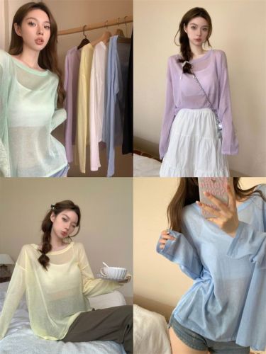 Round neck, loose, lazy and versatile candy-colored sun protection top