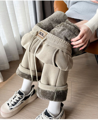 Fleece/No Fleece Polar Fleece Velour Wide Leg Women's Autumn Winter Plus Size Super Thick Snow Neer Straight Pants Women 