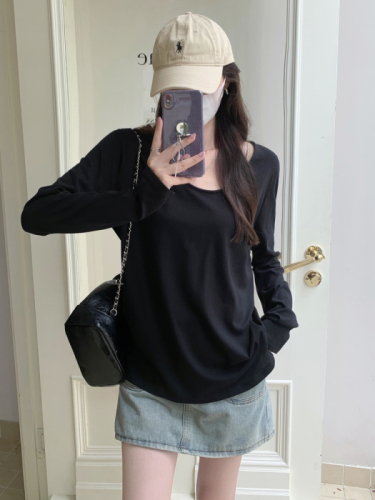 Actual shot of Korean version 2024 autumn long-sleeved T-shirt for women slightly see-through solid color loose top